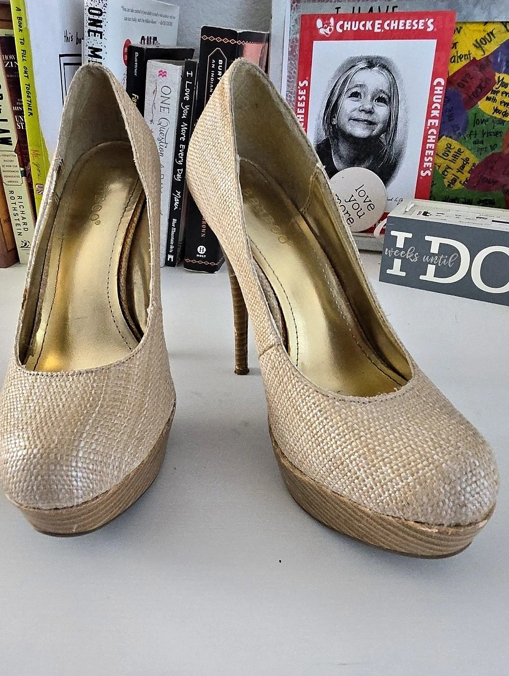 Bamboo Platform Pumps in Beige